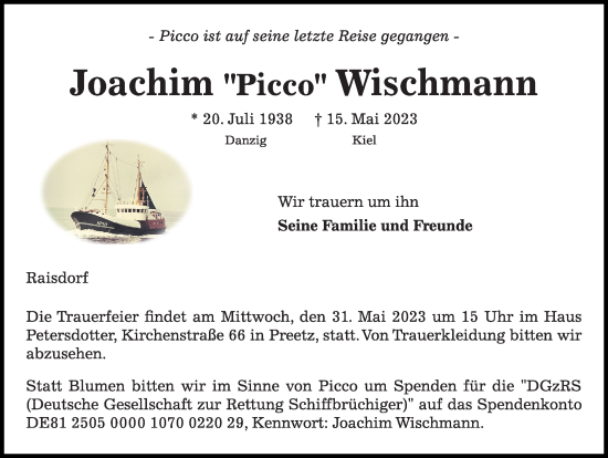 Traueranzeigen Von Joachim Wischmann Trauer Anzeigen De