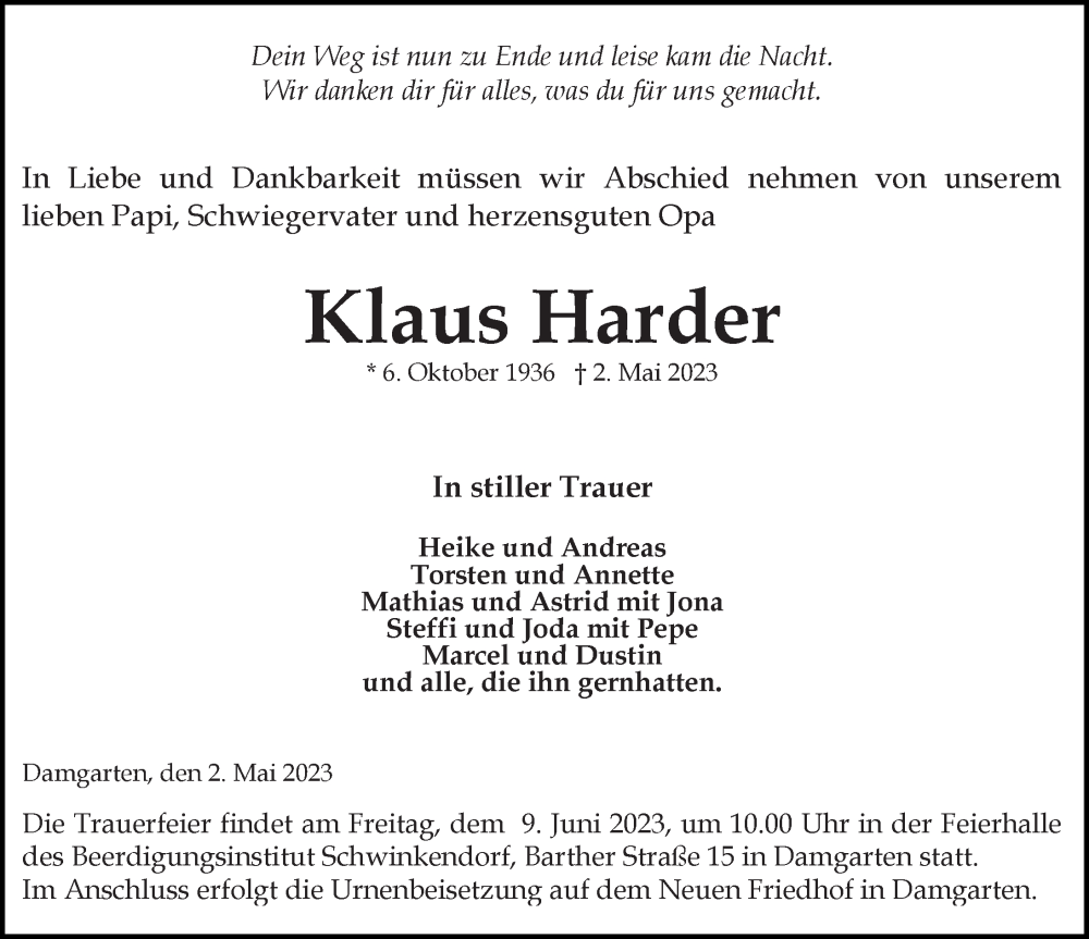 Traueranzeigen Von Klaus Harder Trauer Anzeigen De