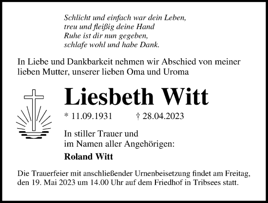 Traueranzeigen Von Liesbeth Witt Trauer Anzeigen De