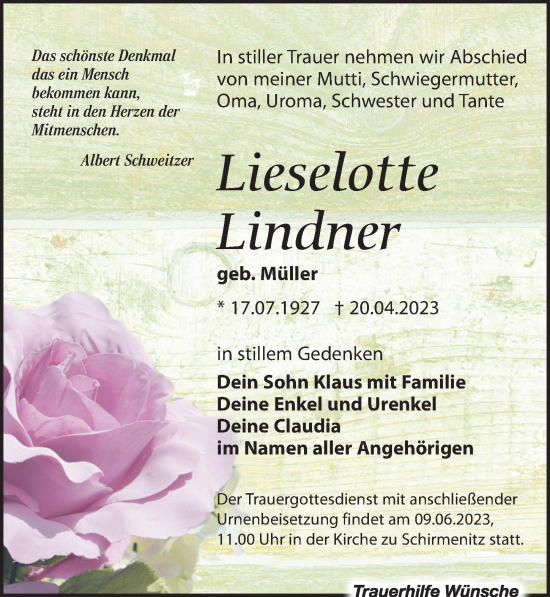 Traueranzeigen Von Lieselotte Lindner Trauer Anzeigen De