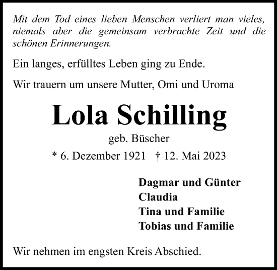 Traueranzeigen Von Lola Schilling Trauer Anzeigen De