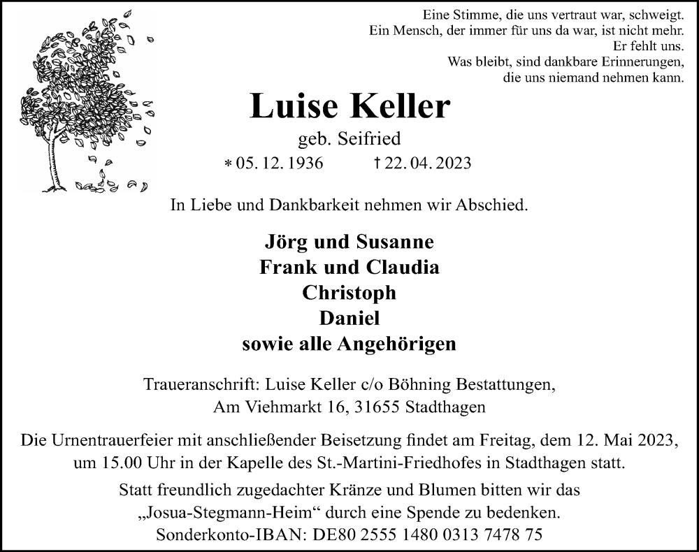 Traueranzeigen Von Luise Keller Trauer Anzeigen De