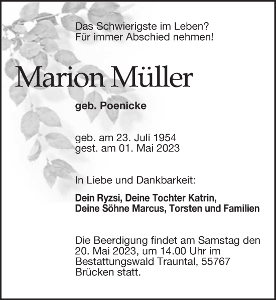 Traueranzeigen Von Marion M Ller Trauer Anzeigen De