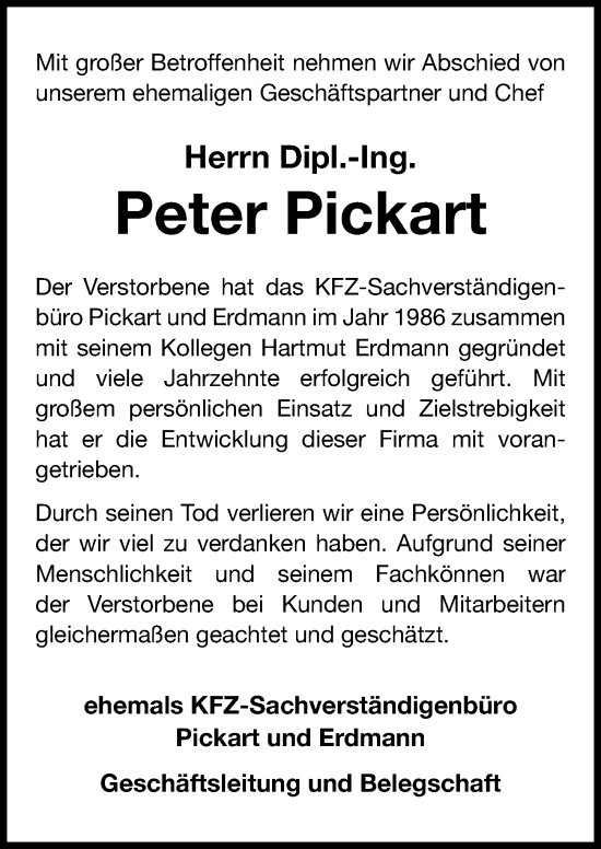 Traueranzeigen Von Peter Pickart Trauer Anzeigen De