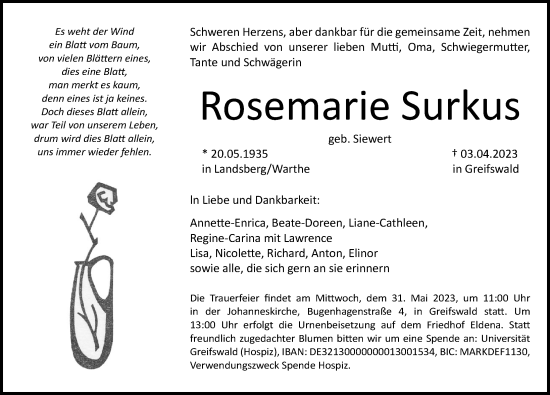 Traueranzeigen Von Rosemarie Surkus Trauer Anzeigen De