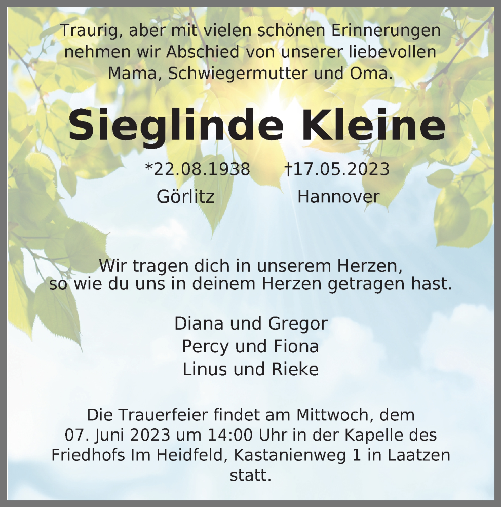 Traueranzeigen Von Sieglinde Kleine Trauer Anzeigen De