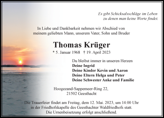 Traueranzeigen von Thomas Krüger trauer anzeigen de