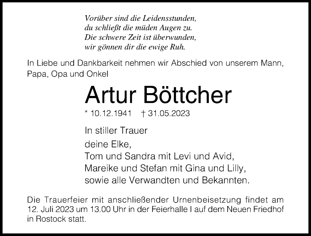 Traueranzeigen von Artur Böttcher trauer anzeigen de