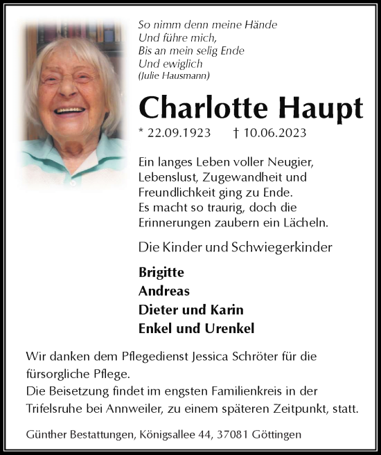 Traueranzeigen Von Charlotte Haupt Trauer Anzeigen De