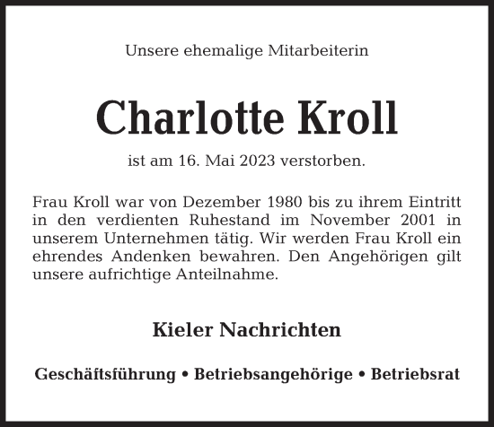 Traueranzeigen Von Charlotte Kroll Trauer Anzeigen De