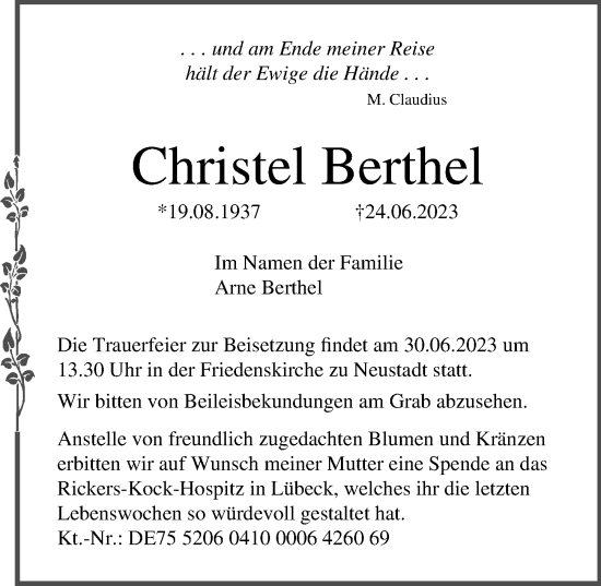 Traueranzeigen Von Christel Berthel Trauer Anzeigen De