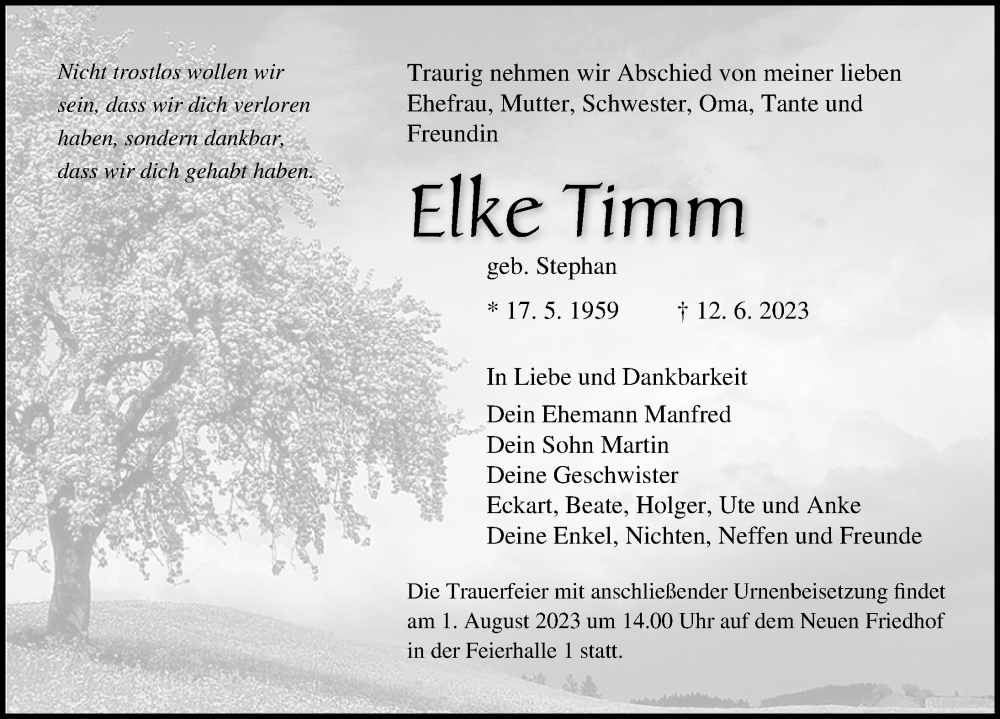 Traueranzeigen Von Elke Timm Trauer Anzeigen De