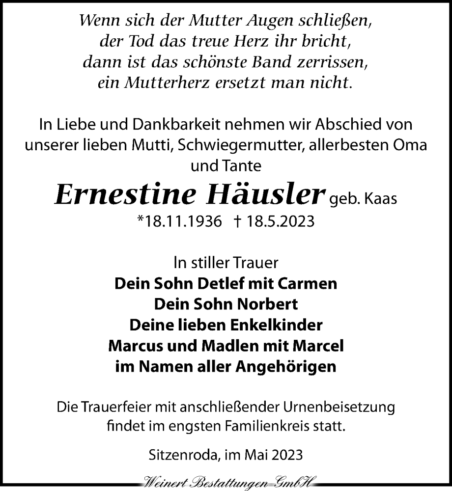 Traueranzeigen von Ernestine Häusler trauer anzeigen de