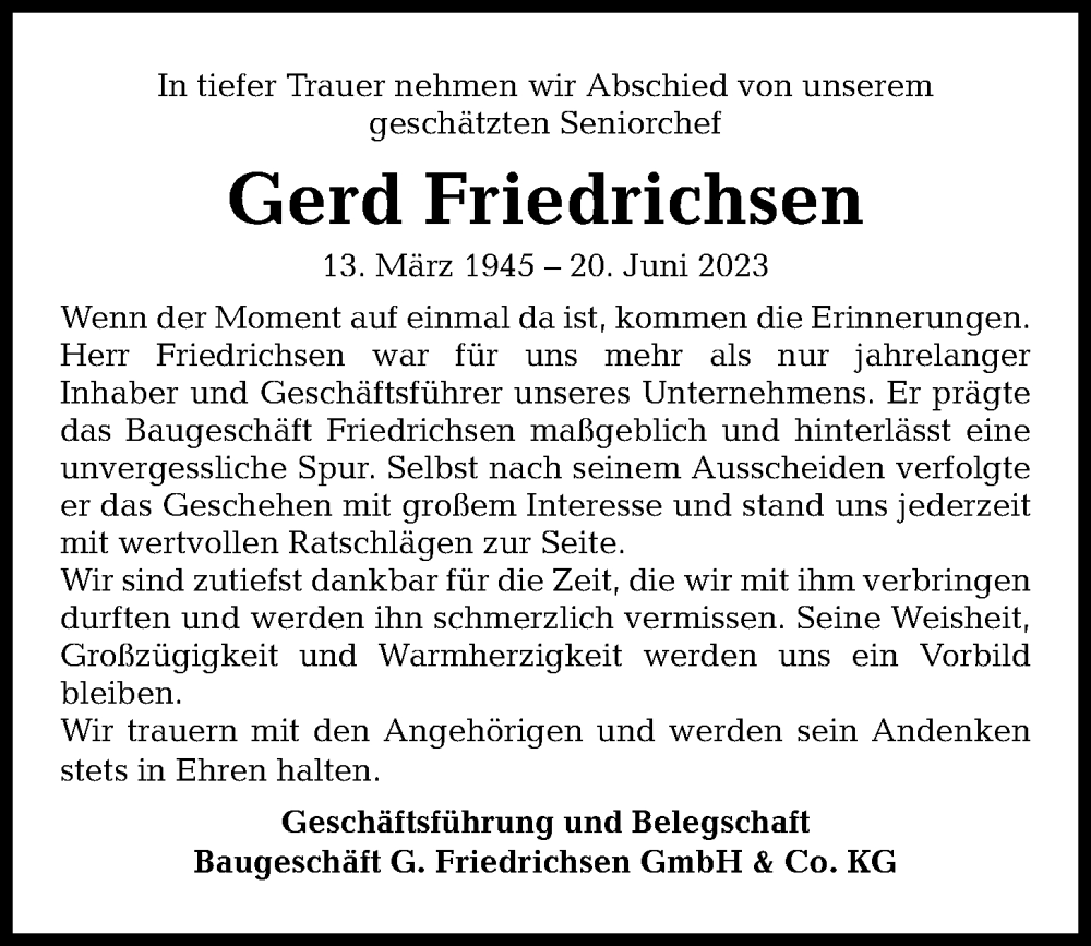 Traueranzeigen Von Gerd Friedrichsen Trauer Anzeigen De