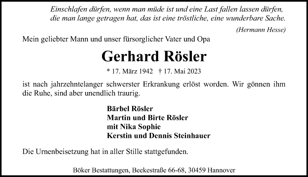 Traueranzeigen von Gerhard Rösler trauer anzeigen de