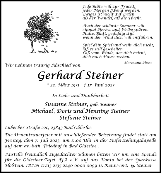 Traueranzeigen Von Gerhard Steiner Trauer Anzeigen De