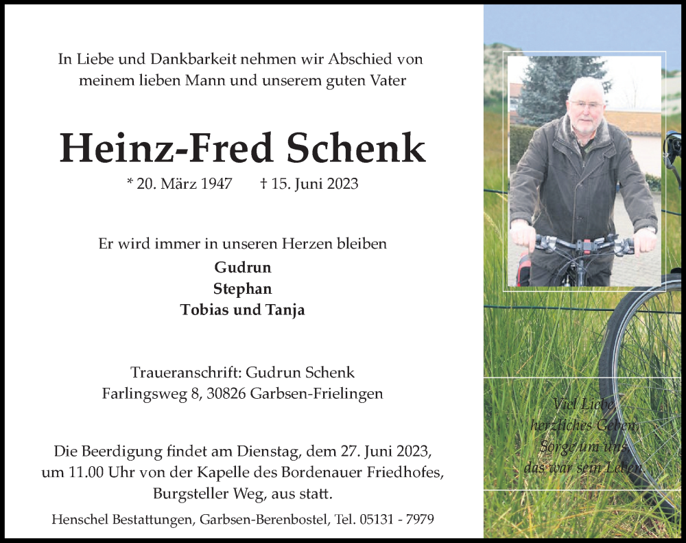 Traueranzeigen Von Heinz Fred Schenk Trauer Anzeigen De