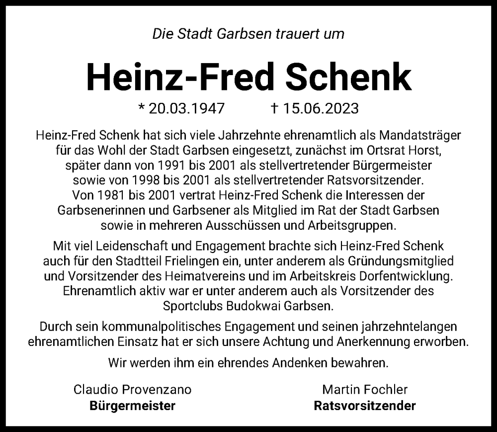 Traueranzeigen Von Heinz Fred Schenk Trauer Anzeigen De