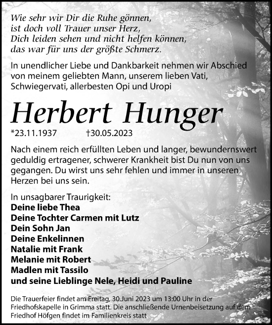 Traueranzeigen Von Herbert Hunger Trauer Anzeigen De