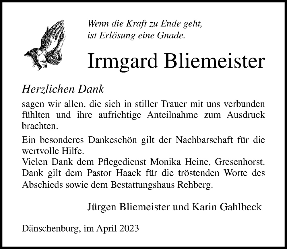 Traueranzeigen Von Irmgard Bliemeister Trauer Anzeigen De