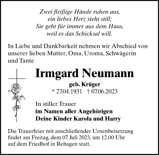 Traueranzeigen Von Irmgard Neumann Trauer Anzeigen De