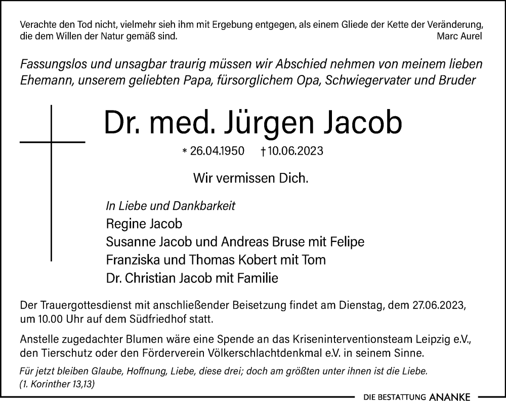 Traueranzeigen von Jürgen Jacob trauer anzeigen de