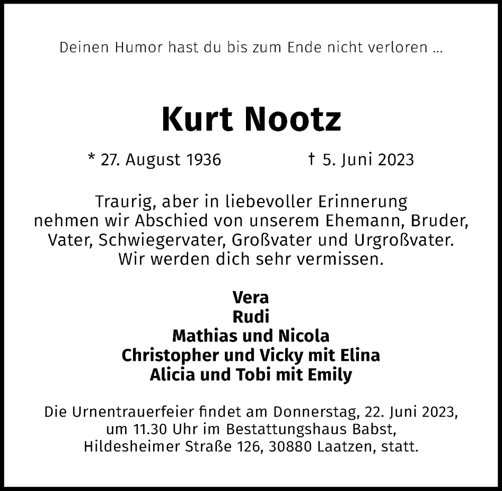 Traueranzeigen Von Kurt Nootz Trauer Anzeigen De