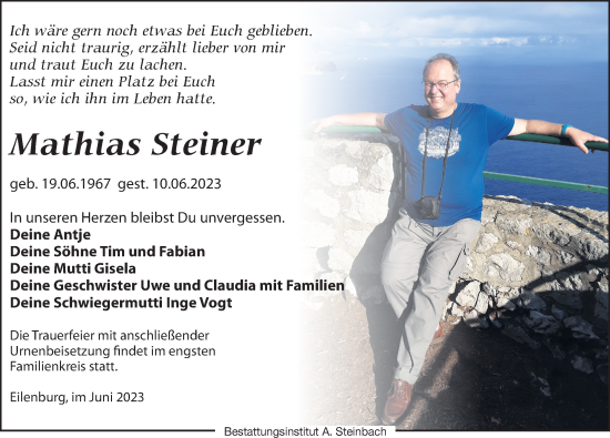 Traueranzeigen Von Mathias Steiner Trauer Anzeigen De