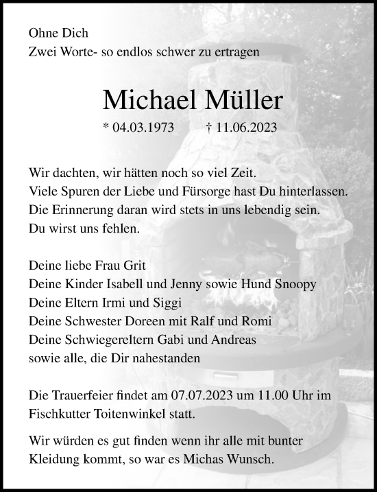 Traueranzeigen von Michael Müller trauer anzeigen de