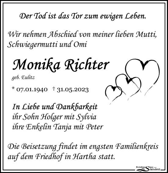 Traueranzeigen Von Monika Richter Trauer Anzeigen De