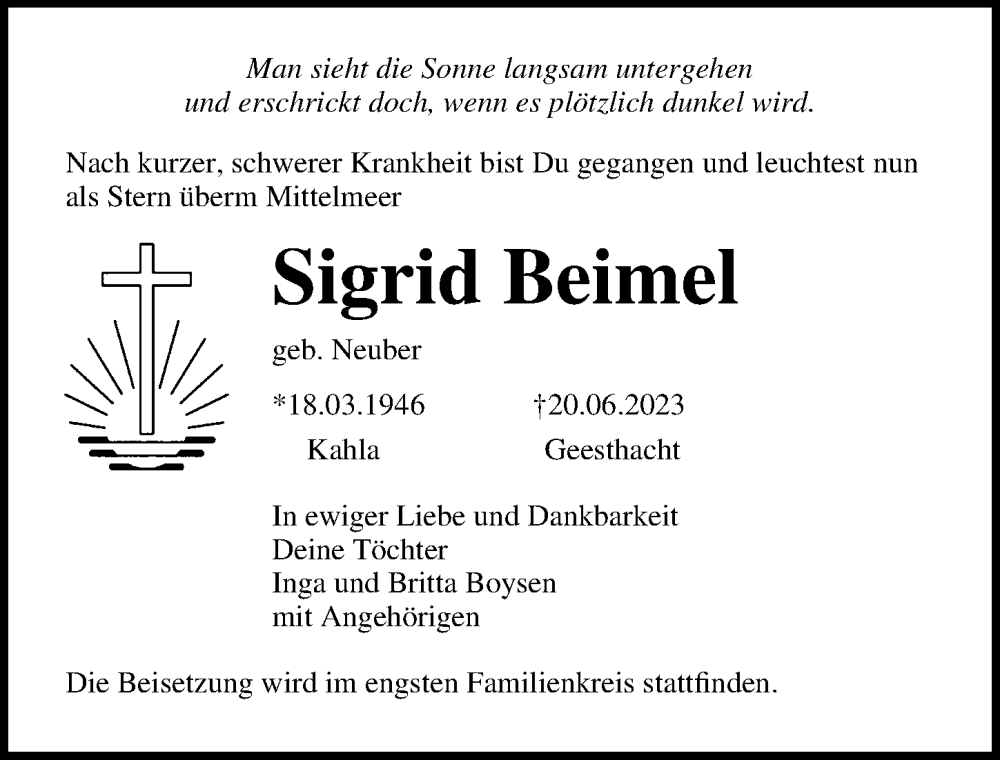 Traueranzeigen Von Sigrid Beimel Trauer Anzeigen De