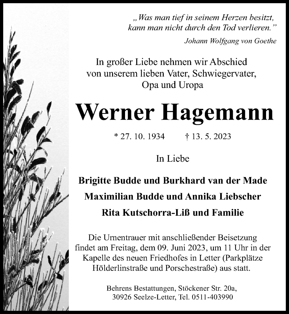 Traueranzeigen Von Werner Hagemann Trauer Anzeigen De