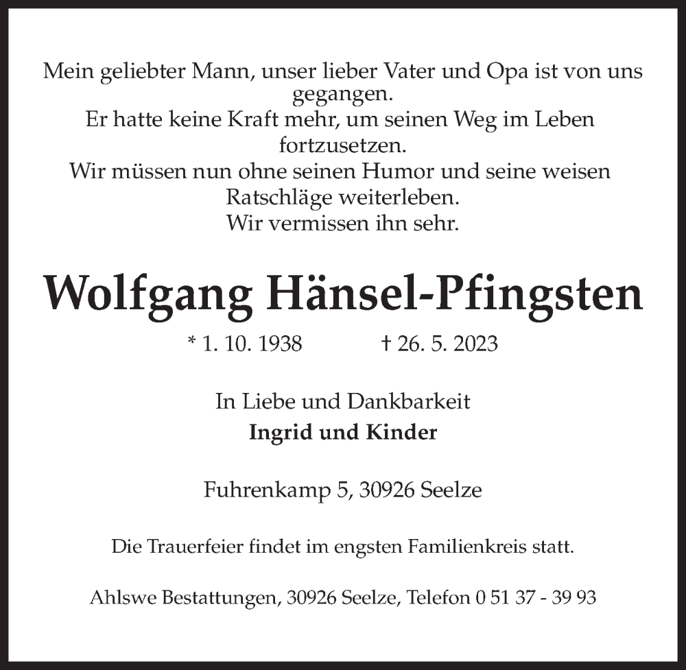 Traueranzeigen Von Wolfgang H Nsel Pfingsten Trauer Anzeigen De