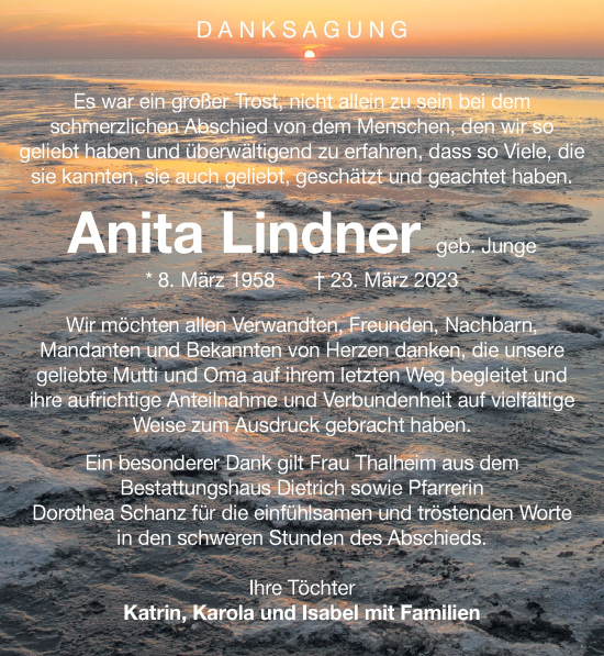 Traueranzeigen Von Anita Lindner Trauer Anzeigen De