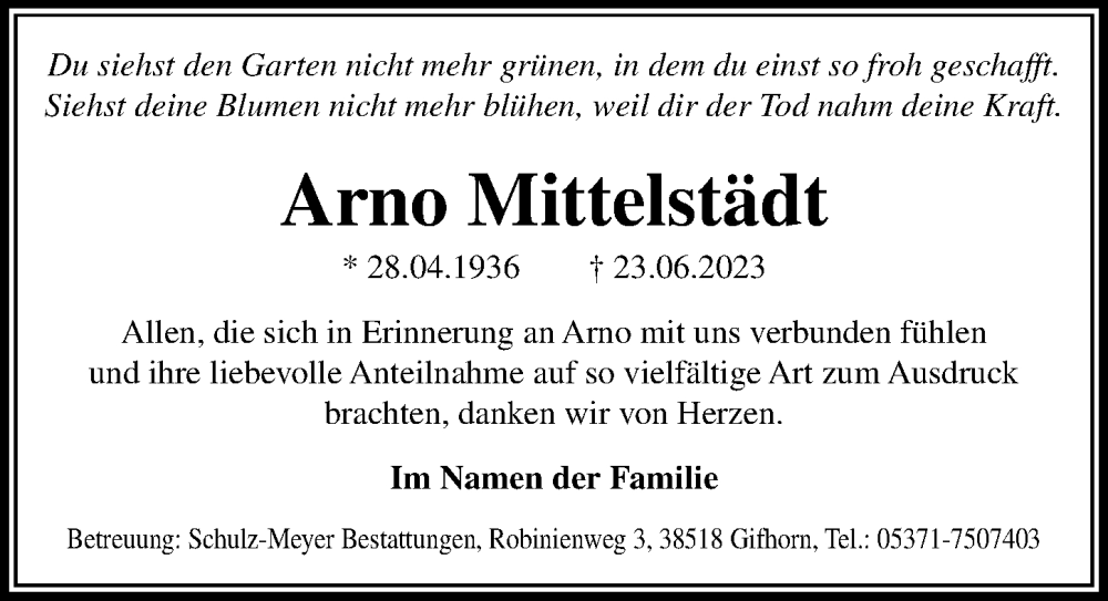 Traueranzeigen Von Arno Mittelst Dt Trauer Anzeigen De