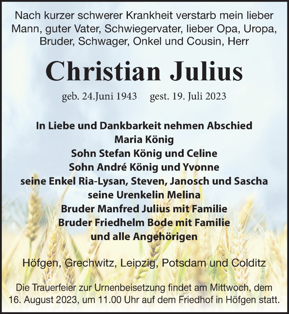 Traueranzeigen Von Christian Julius Trauer Anzeigen De