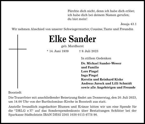 Traueranzeigen Von Elke Sander Trauer Anzeigen De