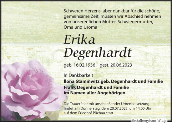 Traueranzeigen Von Erika Degenhardt Trauer Anzeigen De