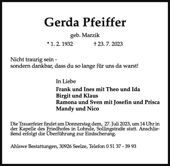 Traueranzeigen Von Gerda Pfeiffer Trauer Anzeigen De