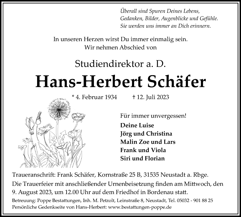 Traueranzeigen von Hans Herbert Schäfer trauer anzeigen de