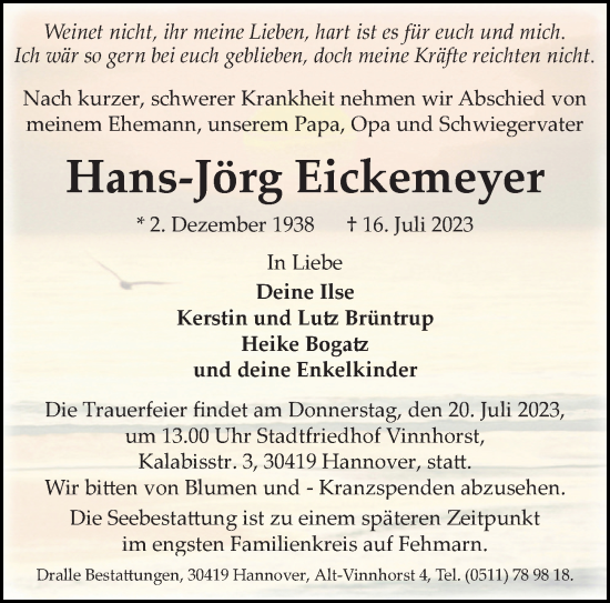 Traueranzeigen von Hans Jörg Eickemeyer trauer anzeigen de