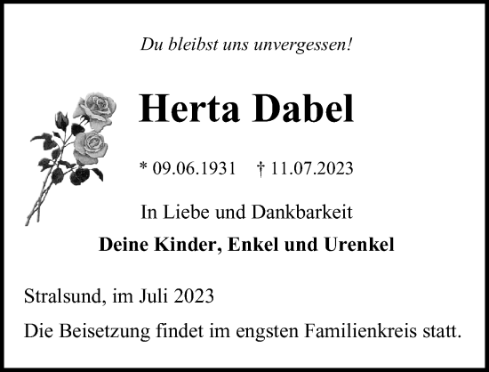 Traueranzeigen Von Herta Dabel Trauer Anzeigen De