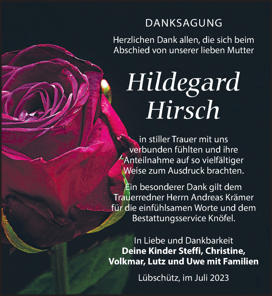 Traueranzeigen Von Hildegard Hirsch Trauer Anzeigen De