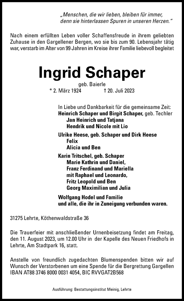 Traueranzeigen Von Ingrid Schaper Trauer Anzeigen De