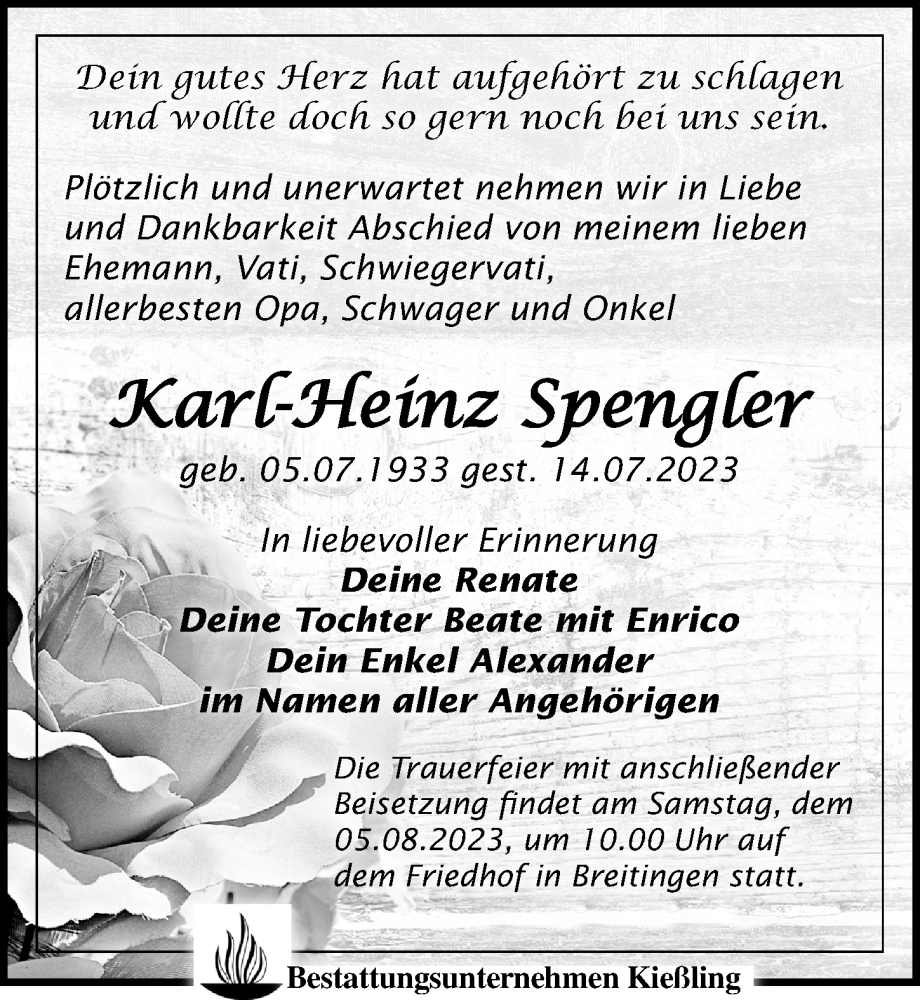 Traueranzeigen Von Karl Heinz Spengler Trauer Anzeigen De