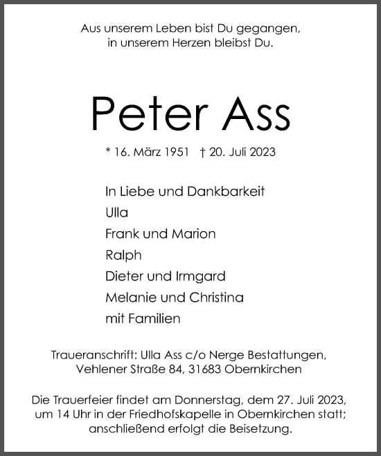 Traueranzeigen Von Peter Ass Trauer Anzeigen De