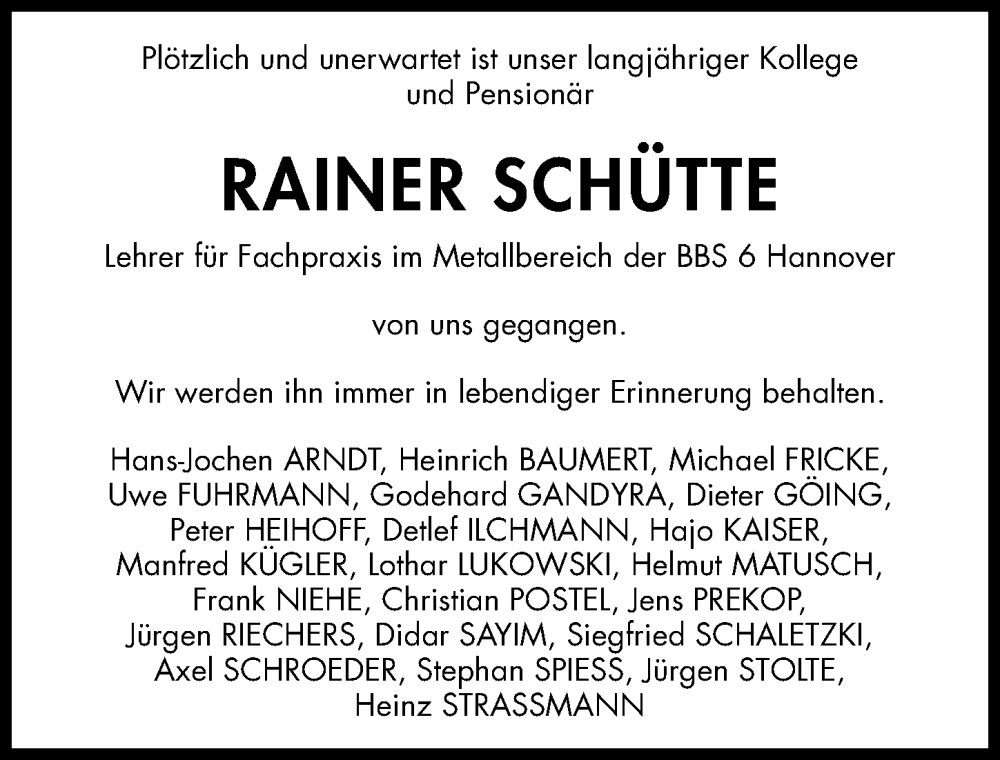 Traueranzeigen von Rainer Schütte trauer anzeigen de