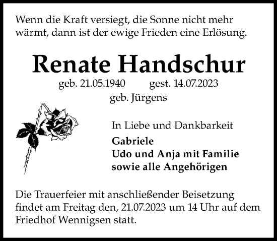 Traueranzeigen Von Renate Handschur Trauer Anzeigen De