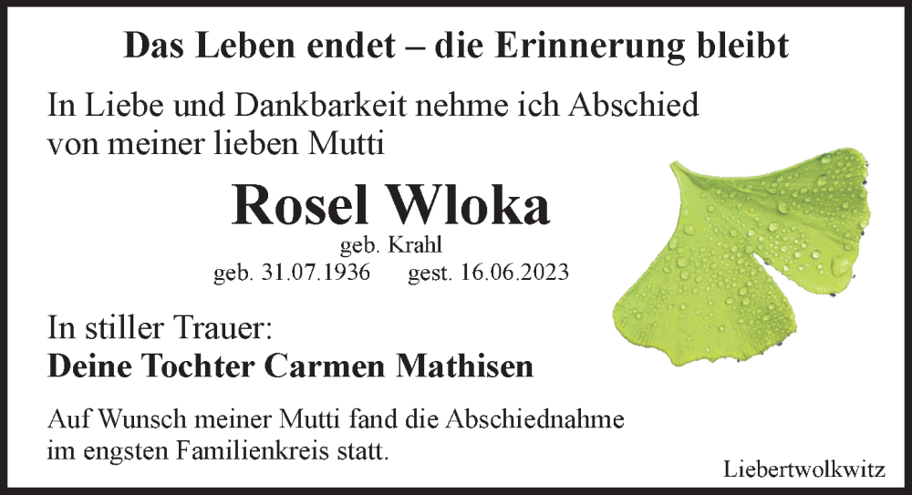 Traueranzeigen Von Rosel Wloka Trauer Anzeigen De