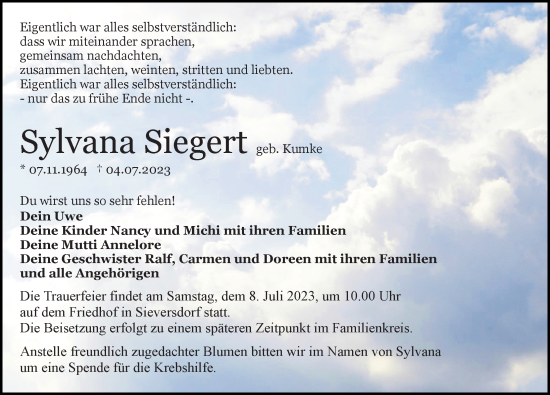 Traueranzeigen Von Sylvana Siegert Trauer Anzeigen De